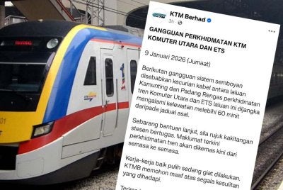 Hantaran di Facebook KTM Berhad memaklumkan perkhidmatan tren Komuter Utara dan ETS bagi laluan Kamunting dan Padang Rengas mengalami kelewatan berikutan gangguan sistem semboyan disebabkan kecurian kabel.