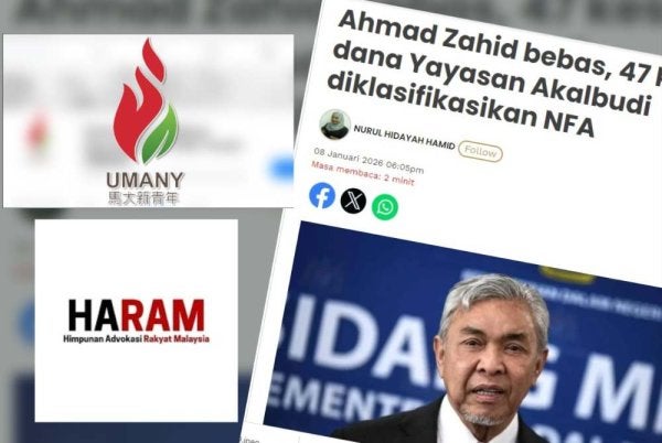 Umany dan HARAM dalam satu kenyataan bersama, mengecam sekeras-kerasnya keputusan mengklasifikasikan kes rasuah membabitkan Ahmad Zahid dan Yayasan Akalbudi sebagai NFA.