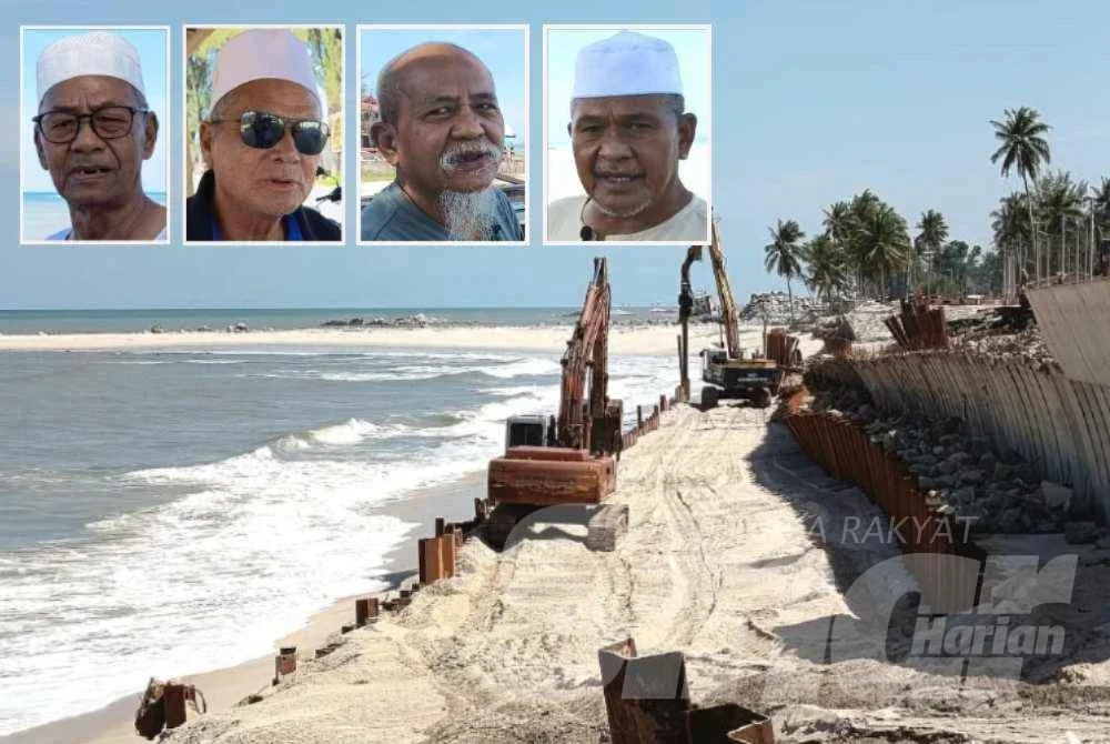 Proses baik pulih Laluan T145 Jalan Mengabang Telipot-Batu Rakit (Pantai), Kampung Tanjung, Batu Rakit di Kuala Nerus masih diteruskan. Gambar kecil dari kiri: Harun, Haron, Mazlan dan Muda