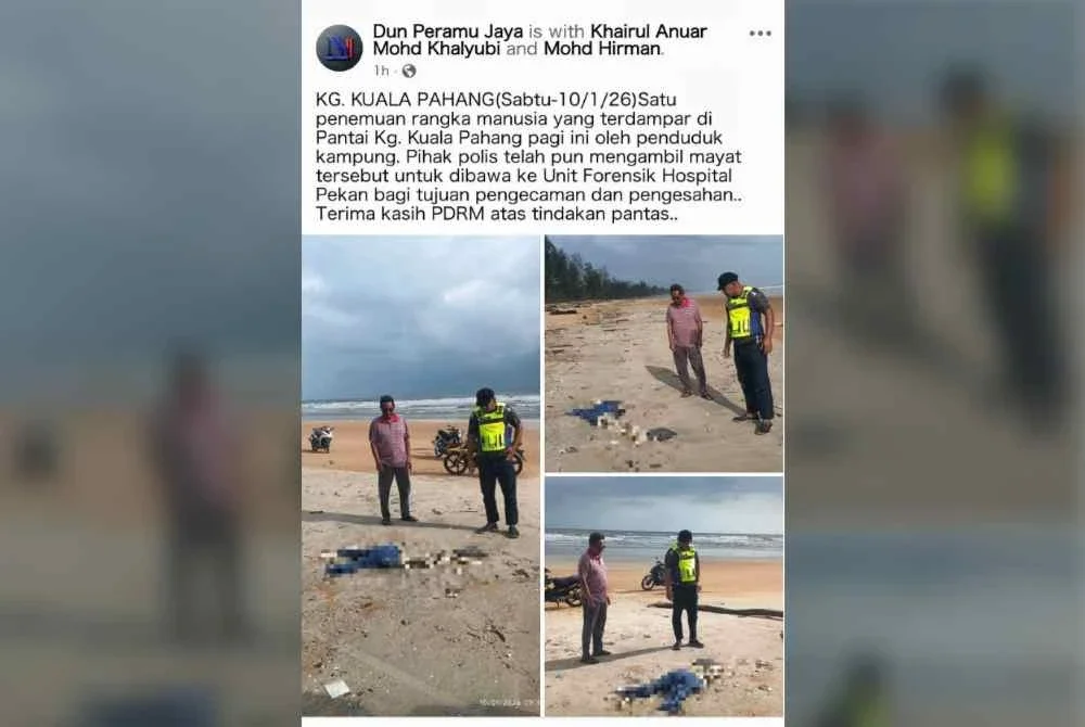 Seorang penduduk bersama polis melihat rangka manusia tanpa identiti ditemui terdampar di pesisir Pantai Lagenda, Kuala Pahang di sini pada pagi Sabtu.