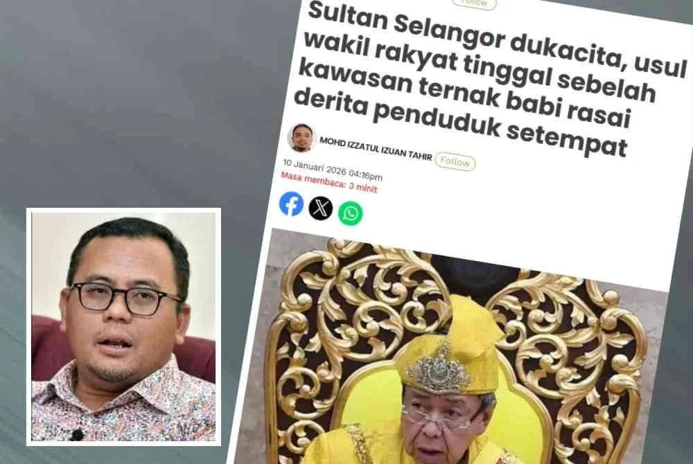 Laporan Sinar Harian mengenai Sultan Sharafuddin menzahirkan rasa dukacita dan tidak bersetuju dengan keputusan kerajaan Selangor yang membenarkan operasi penternakan babi di Tanjong Sepat, Kuala Langat. Gambar kecil: Amirudin