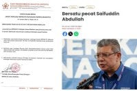 Kenyataan media daripada Bersatu Indera Mahkota yang kesal dengan pemecatan Saifuddin.