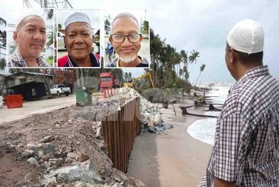 Penduduk sekitar Kampung Tanjung, Batu Rakit kembali diselubungi kebimbangan akibat hakisan baharu yang melanda sebuah lagi laluan di Kampung berkenaan akibat ombak besar yang melanda ketika musim Monsun Timur Laut (MTL) kali ini. Gambar kecil dari kiri: Kamaruddin, Manan, Mansor.