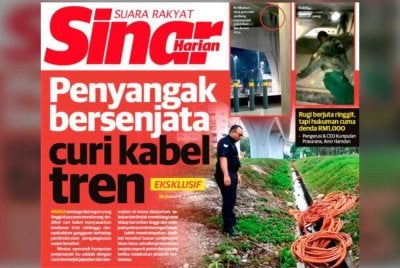 Laporan muka depan Sinar Harian berhubung kegiatan mencuri kabel yang menyasarkan landasan tren sehingga menyebabkan gangguan terhadap perkhidmatan pengangkutan awam itu.