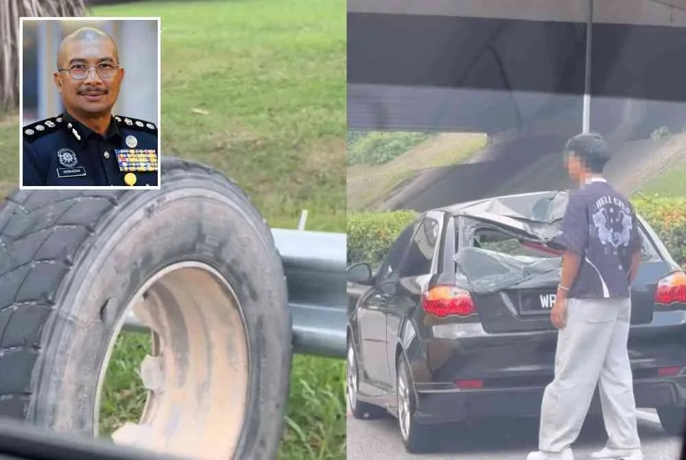 Gambar tular memaparkan keadaan kereta dipandu mangsa yang remuk selepas dihempap tayar lori dalam kejadian di Lebuhraya SKVE, Sepang pada Sabtu. Foto tular (Gambar kecil: Norhizam)