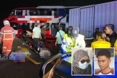 Seorang polis bantuan maut selepas bas ekspres dinaikinya terbabit kemalangan dengan lori di Lebuhraya Utara-Selatan berhampiran Sungai Buloh. Gambar kecil: Kamaruz Zaman dan Nor Ashikin.