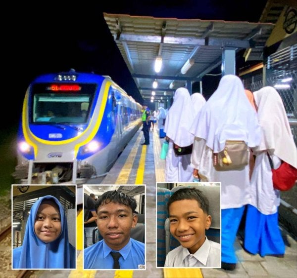 Pelajar menunggu ketibaan kereta api untuk membawa mereka ke SMK Dabong yang terletak hanya 50 meter dari Stesen Kereta Api Dabong. Dari kiri Ami Qistina Luqman, Wan Nashahidan Wan Abdullah dan Al Amin Mohd Yusoff. Foto HAZELEN LIANA KAMARUDIN