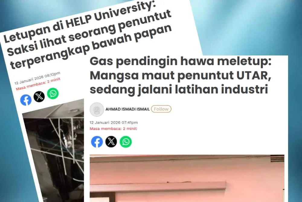 Laporan Sinar Harian mengenai insiden letupan dipercayai berlaku di kawasan penyelenggaraan penyaman udara yang terletak bersebelahan kafeteria di tingkat empat universiti berkenaan.