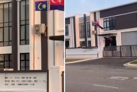 Tangkap layar video tular menunjukkan Jalur Gemilang dipasang terbalik di sebuah premis Taman Eko Perniagaan 2, Senai Airport City, Kulai.
