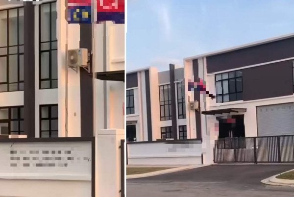 Tangkap layar video tular menunjukkan Jalur Gemilang dipasang terbalik di sebuah premis Taman Eko Perniagaan 2, Senai Airport City, Kulai.