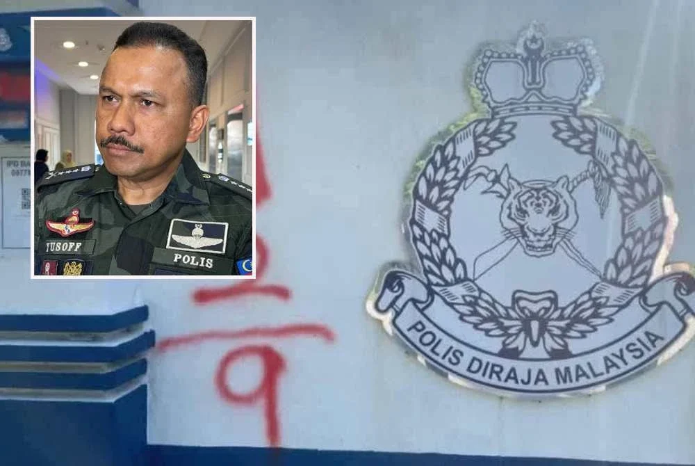 Simbol yang diconteng pada dinding lapang sasar di Bachok. Gambar kecil: Mohd Yusoff.