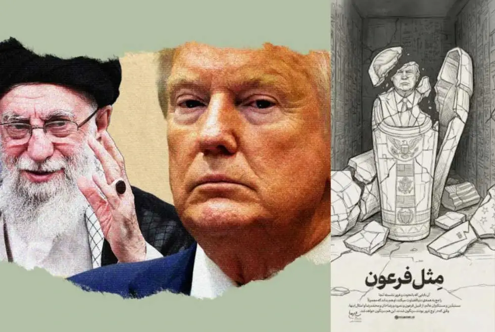 Khamenei (kiri) memuat naik imej Trump yang digambarkan sebagai Firaun bakal mengalami zaman kejatuhan. - Agensi