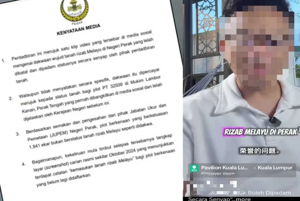 Kenyataan PTG Perak menjawab tuduhan yang tular di media sosial dan tangkap layar video yang mendakwa kononnya wujud pembatalan status tanah rizab Melayu di negeri ini secara senyap oleh pihak pentadbiran tanah.