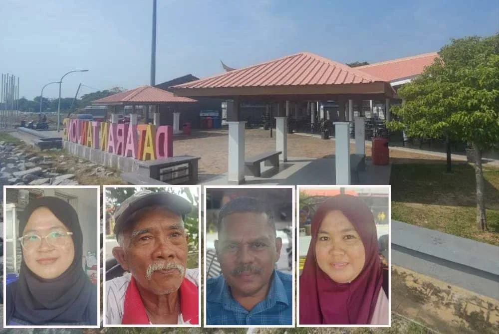 Jeti Dataran Pantai Tanjung Sepat sepi susulan isu bau busuk yang dikaitkan dengan aktiviti penternakan babi di kawasan berhampiran. - Gambar kecil dari kiri Farah Huda, Amir Sharifuddin, Mohd Muhaidin dan Nurul Ashikin