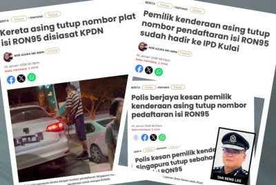 Laporan Sinar Harian berhubung isu pemilik kenderaan asing tutup nombor pendaftaran isi RON95 