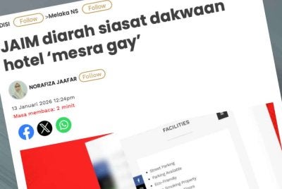 Laporan Sinar Harian berhubung dakwaan sebuah hotel 'mesra gay' di Melaka yang mendapat perhatian kerajaan negeri selepas tular di media sosial apabila dibangkitkan oleh seorang pendakwah bebas pada Isnin.