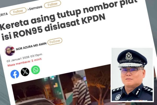 Laporan Sinar Harian berhubung kereta asing yang tutup nombor pendaftaran isi RON95 di Johor pada awal Januari. Gambar kecil: Seng Lee 