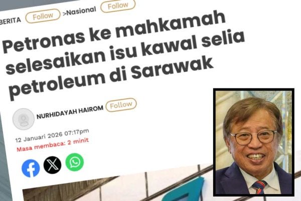 Laporan Sinar Harian berhubung tindakan Petronas yang memfailkan notis usul di mahkamah selesaikan isu kawal selia petroleum di Sarawak. Gambar kecil: Abang Johari