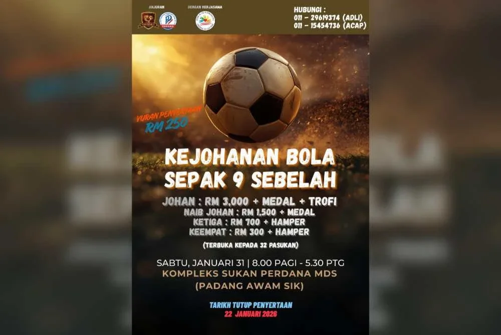 Kejohanan Bola Sepak 9 Sebelah akan berlangsung pada 31 Januari 2026 di Kompleks Sukan Perdana, Majlis Daerah Sik, Kedah.