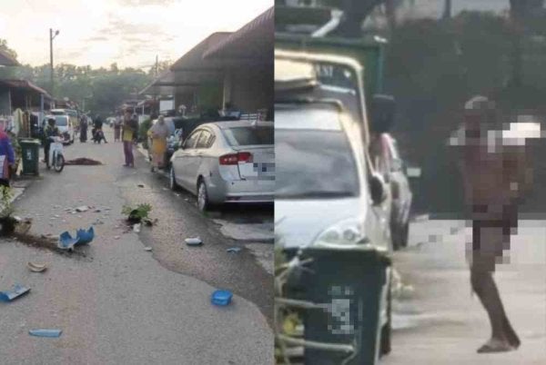 Tangkap layar dari video tular kelihatan seorang lelaki mengamuk dengan merosakkan harta benda penduduk.