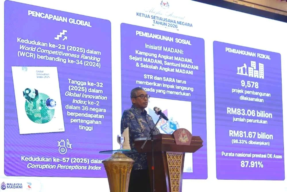 Shamsul Azri menyampaikan ucapan pada Majlis Amanat Ketua Setiausaha Negara 2026 di Dewan Seri Endon, Puspanitapuri pada Khamis. Foto Bernama