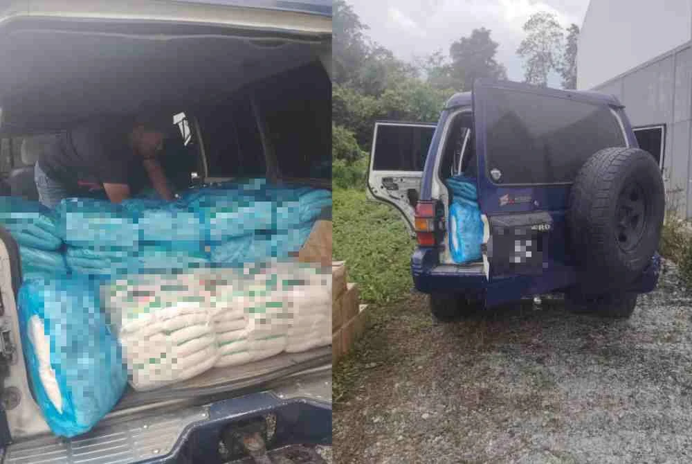 Hasil rampasan dianggarkan melibatkan lebih 300kg minyak masak bersubsidi dan 700kg gula pasir kasar, selain sebuah kenderaan pacuan empat roda yang dipercayai digunakan bagi tujuan penyelewengan. Foto KPDN