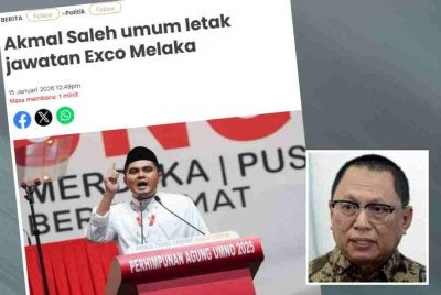 Muhamad Akmal mengumumkan peletakan jawatannya sebagai Exco Kemajuan Desa, Pertanian dan Keterjaminan Makanan Melaka ketika menyampaikan ucapan dasar Perhimpunan Sayap Pemuda UMNO sempena PAU 2025. Gambar kecil: Mohd Puad