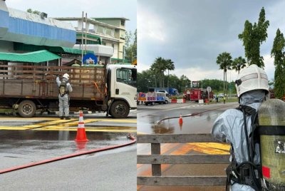 Pasukan bomba membuat tindakan susulan di lokasi berlaku kebocoran gas amonia. Foto bomba