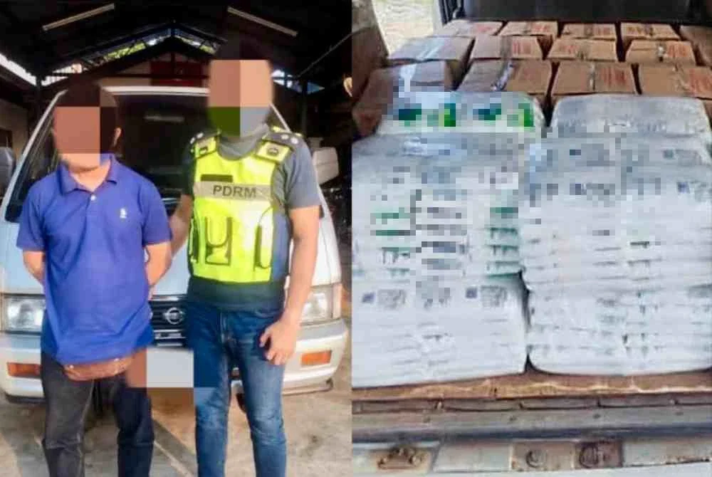 Suspek (kiri) yang ditahan selepas dipercayai cuba menyeludup gula dan minyak masak ke Thailand. Foto: PGA