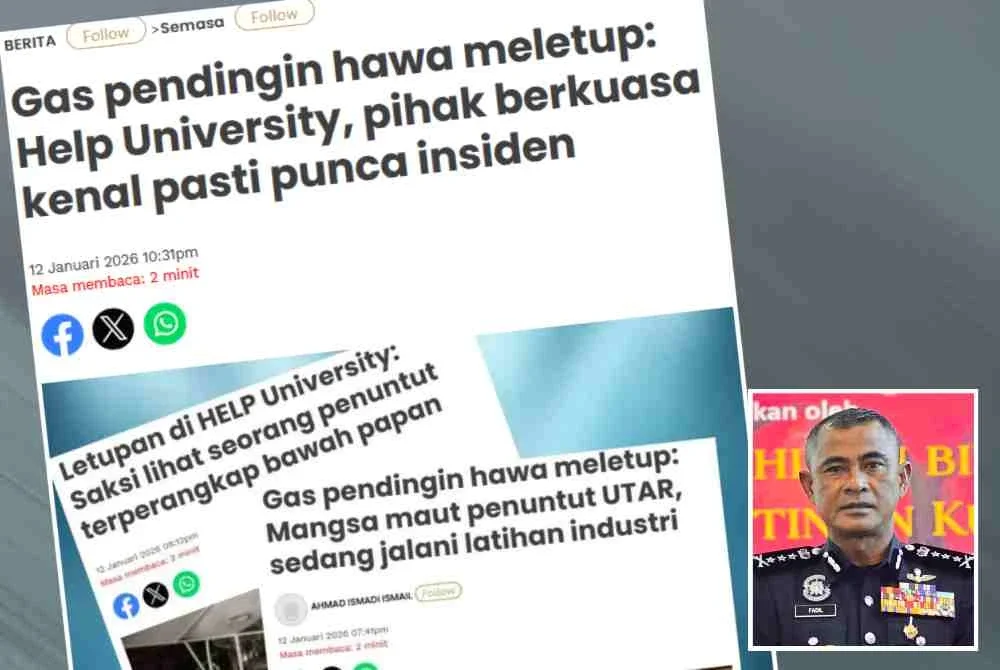 Laporan Sinar Harian mengenai insiden letupan dipercayai berlaku di kawasan penyelenggaraan penyaman udara yang terletak bersebelahan kafeteria di tingkat empat universiti berkenaan. Gambar kecil: Fadil