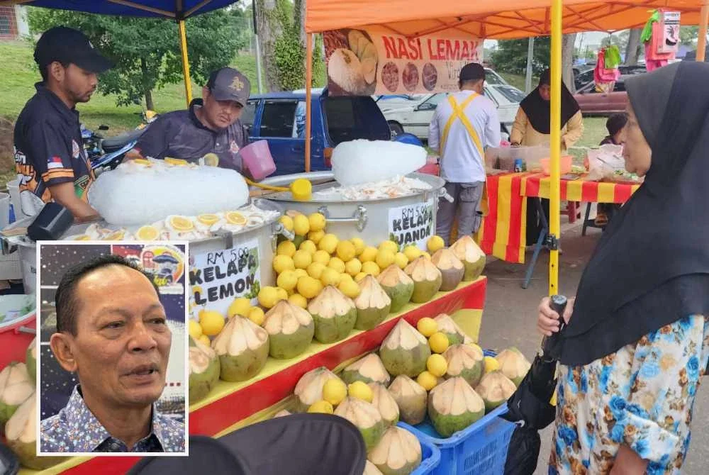 Zulkiflee (gambar kecil) turut mengingatkan peniaga supaya mematuhi aspek kebersihan dan menggunakan khemah yang telah ditetapkan PBT sepanjang operasi bazar Ramadan tahun ini.