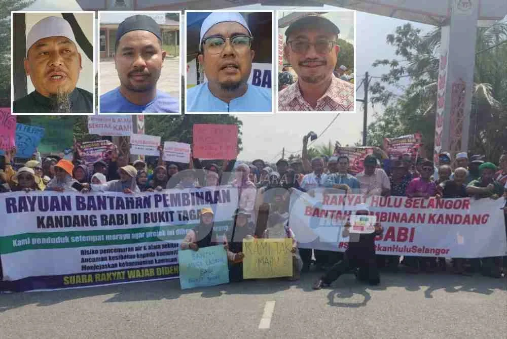 Penduduk empat Felda sekitar Hulu Selangor berhimpun secara aman bagi menyatakan bantahan terhadap cadangan pemindahan ladang penternakan babi ke Bukit Tagar, pada Jumaat. Gambar kecil dari kiri: Azli, Mohd Asyraf, Muhammad Fadhil, Mohd Khairudin 