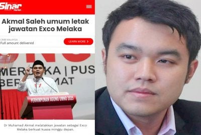 Laporan Sinar Harian berhubung pengumuman Akmal Saleh letak jawatan Exco Melaka - Gambar kecil (Chee Yee)