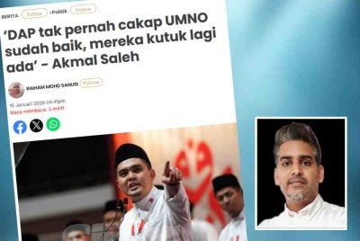 Laporan Sinar Harian mengenai Dr Muhamad Akmal menyelar DAP yang didakwa tidak pernah membela UMNO sebagai parti komponen dalam Kerajaan Perpaduan. Gambar kecil: Muhammad Shakir Ameer 