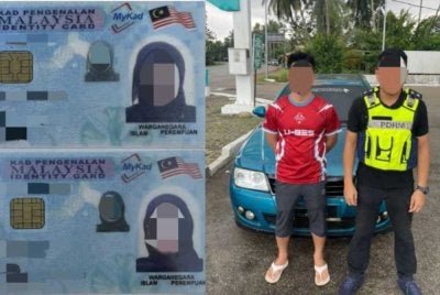 Suspek (kiri) ditahan pihak berkuasa di Tumpat kerana menggunakan dua MyKad milik individu lain untuk menebus subsidi BUDI95