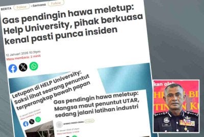 Laporan Sinar Harian mengenai insiden letupan dipercayai berlaku di kawasan penyelenggaraan penyaman udara yang terletak bersebelahan kafeteria di tingkat empat universiti berkenaan. Gambar kecil: Fadil