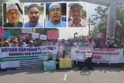 Penduduk empat Felda sekitar Hulu Selangor berhimpun secara aman bagi menyatakan bantahan terhadap cadangan pemindahan ladang penternakan babi ke Bukit Tagar, pada Jumaat. Gambar kecil dari kiri: Azli, Mohd Asyraf, Muhammad Fadhil, Mohd Khairudin 