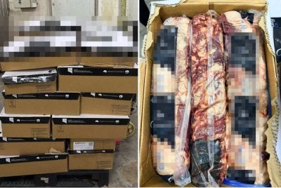 Rampasan daging sejuk beku di Zon Komersial Bebas Kargo KLIA pada Khamis. Foto AKPS