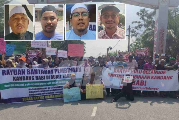 Penduduk empat Felda sekitar Hulu Selangor berhimpun secara aman bagi menyatakan bantahan terhadap cadangan pemindahan ladang penternakan babi ke Bukit Tagar, pada Jumaat. Gambar kecil dari kiri: Azli, Mohd Asyraf, Muhammad Fadhil, Mohd Khairudin 