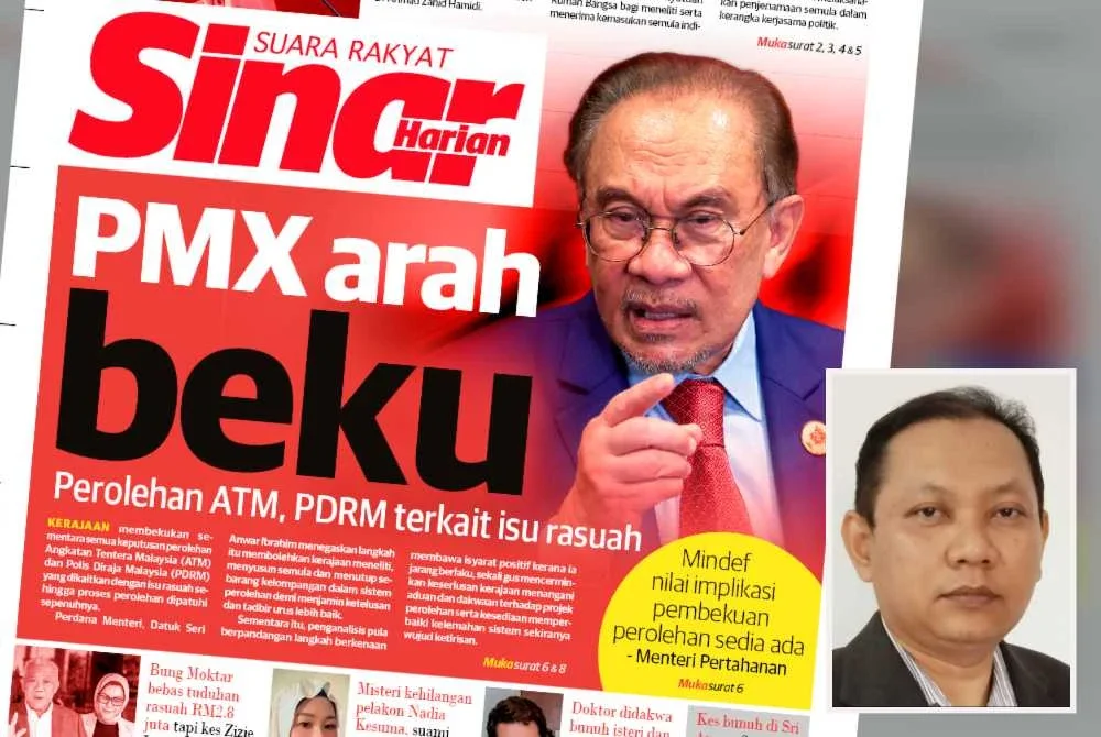 Laporan muka depan Sinar Harian berhubung keputusan kerajaan membekukan sementara semua keputusan perolehan ATM dan PDRM yang dikaitkan dengan isu rasuah. Gambar kecil: Zaki 