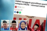 Laporan Sinar Harian mengenai UMNO menangguhkan pemilihan parti yang sepatutnya dijadualkan berlangsung tahun ini selepas PRU16. Gambar kecil: Dari kiri: Abdul Manan, Razali, Suzzalina