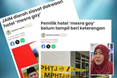 Laporan Sinar Harian isu kontroversi hotel 'mesra gay'. Gambar kecil: Sapiah