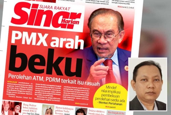 Laporan muka depan Sinar Harian berhubung keputusan kerajaan membekukan sementara semua keputusan perolehan ATM dan PDRM yang dikaitkan dengan isu rasuah. Gambar kecil: Zaki 