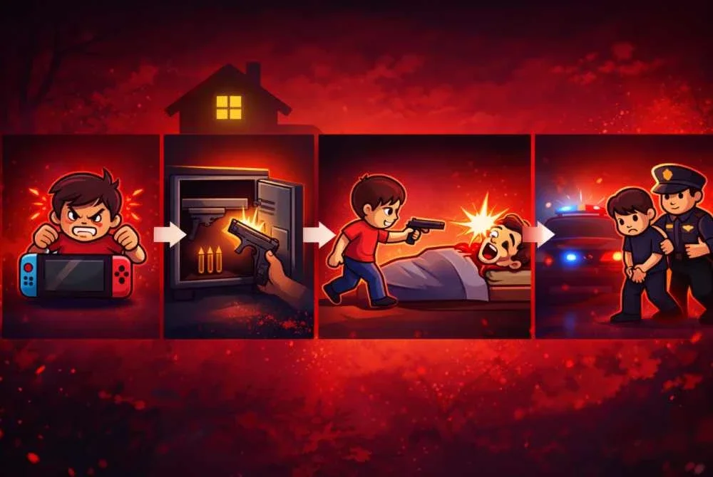 Ilustrasi dijana AI kronologi kanak-kanak berkenaan menembak bapanya. Foto: Agensi