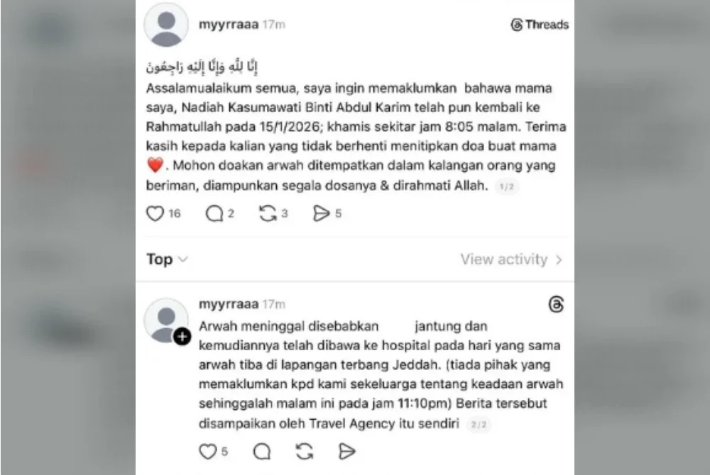 Perkara itu disahkan anak perempuannya menerusi Threads.
