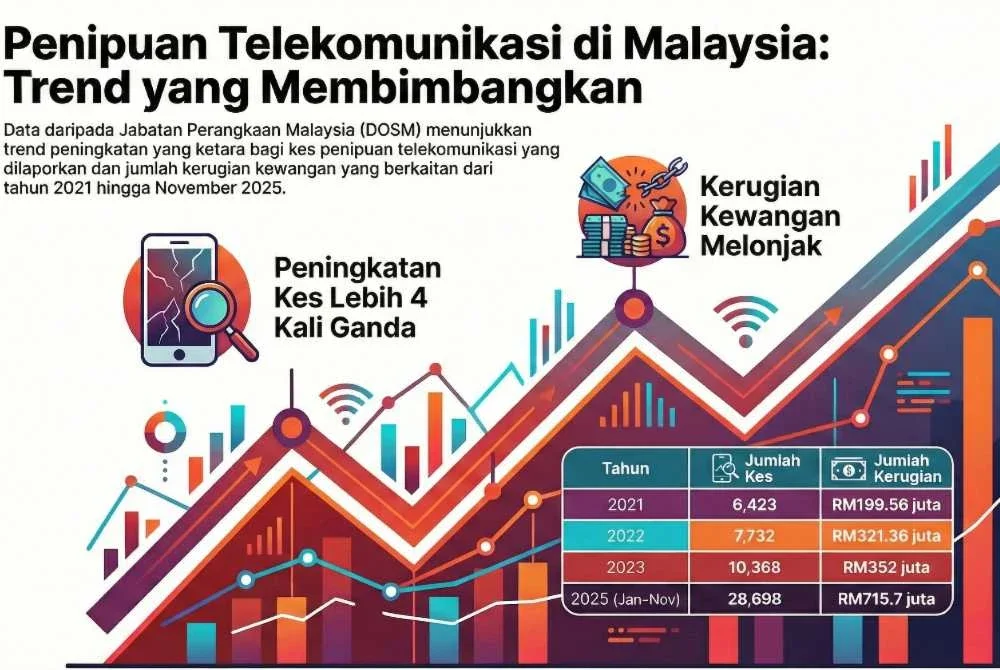 Infografik penipuan telekomunikasi di Malaysia.