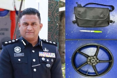  Kumarasan (kanan) dan rim motosikal, beg silang serta pisau yang dirampas daripada suspek yang menyerang anggota polis di Balai Polis Mutiara Rini pada Ahad.