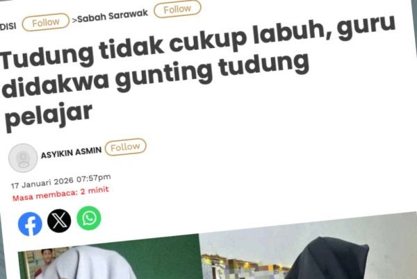 Laporan Sinar Harian berhubung kes seorang guru yang didakwa mengunting tudung pelajar di sebuah sekolah menengah di Lahad Datu, pada Jumaat. 