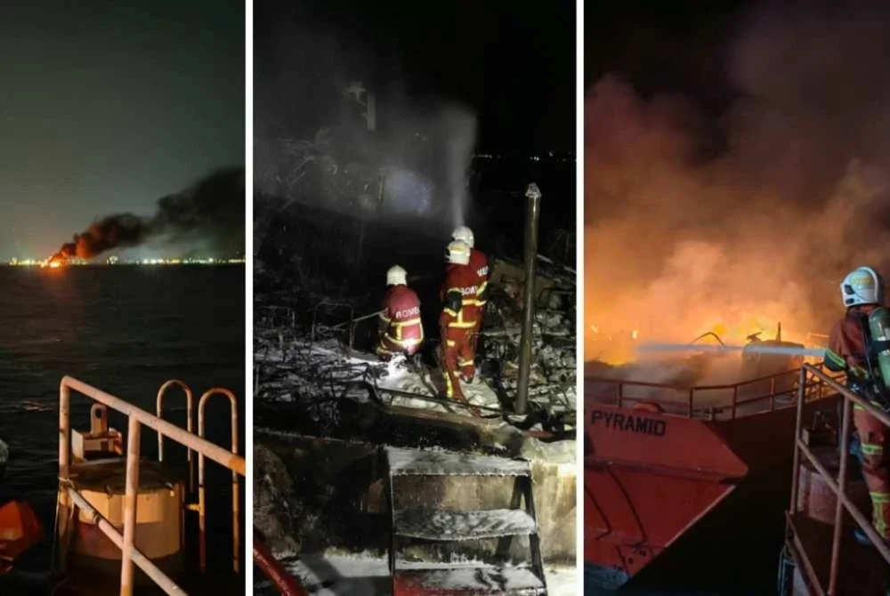 Tiga feri penumpang yang ditempatkan Dermaga Kapal Bukit Malut, dekat Langkawi, musnah dalam kebakaran yang berlaku malam Isnin. - Foto JBPM