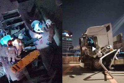 Tangkap layar video tular memaparkan insiden kemalangan sebuah treler di Jalan Chan Sow Lin, Kuala Lumpur pada Isnin.